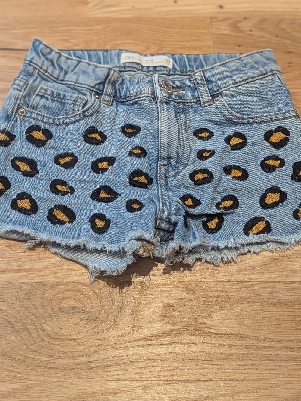 Zara Light Blue Denim Shorts with Black and Gold Leopard Spots